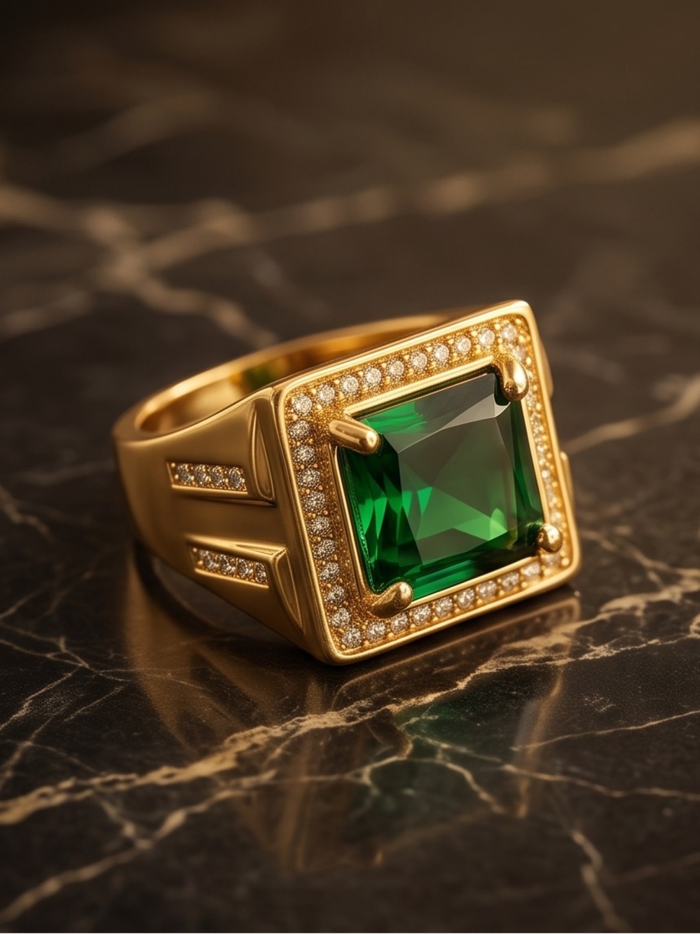 Men's Gold-Tone Square Green Gemstone Signet Ring New!
